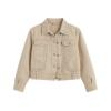 Flat lay product shot of the front of the Kouvr Fashion Jacklyn studded khaki jacket, displaying the full stud pattern and hardware details.