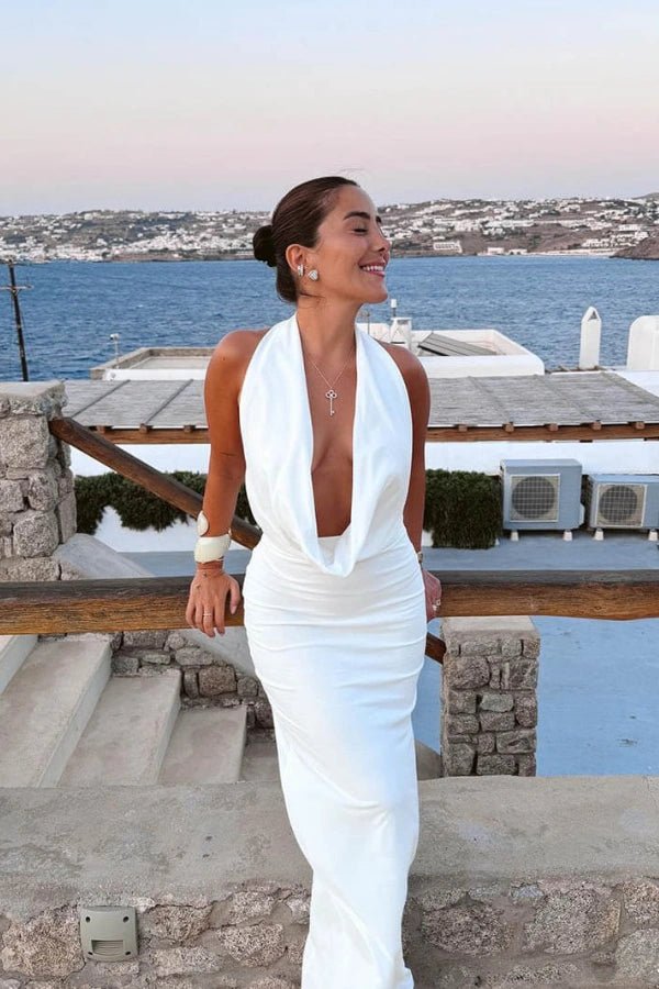 draped neckline,' 'plunge front,' and 'open-back dress