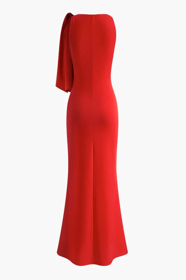 sculpting silhouette," "asymmetrical neckline," "formal gala attire," "floor-sweeping," and "black-tie event