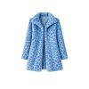 Flatlay product shot of the Kouvr Fashion blue leopard faux fur coat, shown open to display the notched lapels and silky inner lining.