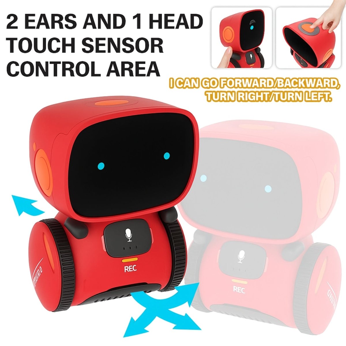 A bright red Kouvr Fashion interactive dancing robot with blue digital eyes, shown on a white background.