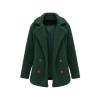 Flat lay of the open green double-breasted teddy coat, displaying the rich satin lining and custom tortoiseshell-effect buttons.