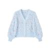 Flat lay product shot of the front of the Kouvr Fashion Kyra cardigan in blue, showing the pearl buttons and sequin detail.