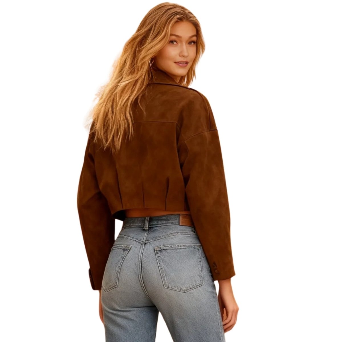 Back view of the Kouvr Fashion cognac brown suede jacket, highlighting the yoke detail and cropped hem.