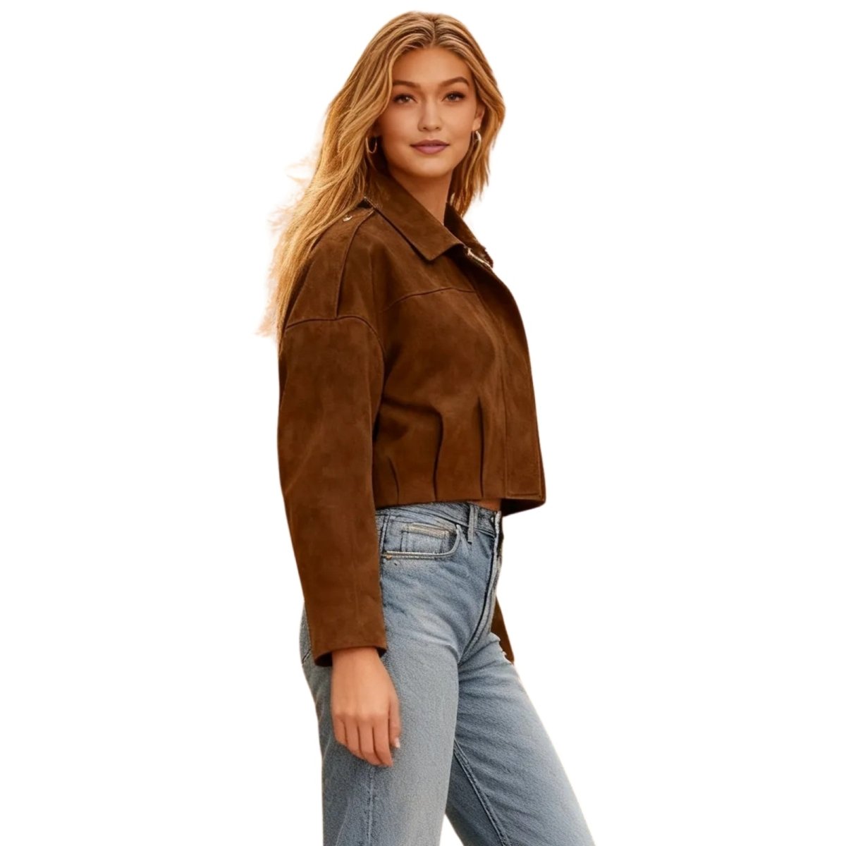 Side view of the Kouvr Fashion cognac brown suede jacket, highlighting the yoke detail and cropped hem.