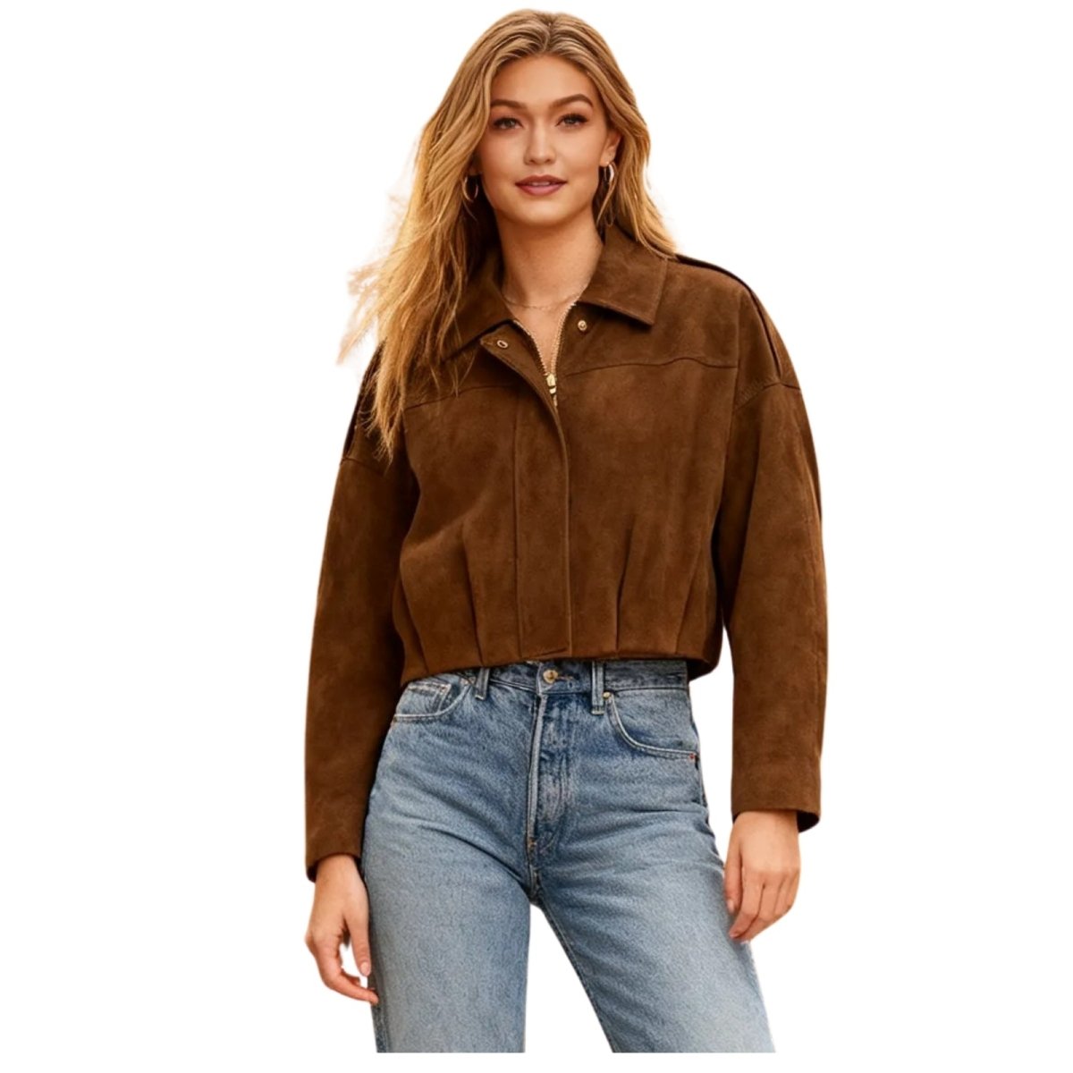 Front view of the Kouvr Fashion cognac brown suede jacket, highlighting the yoke detail and cropped hem.