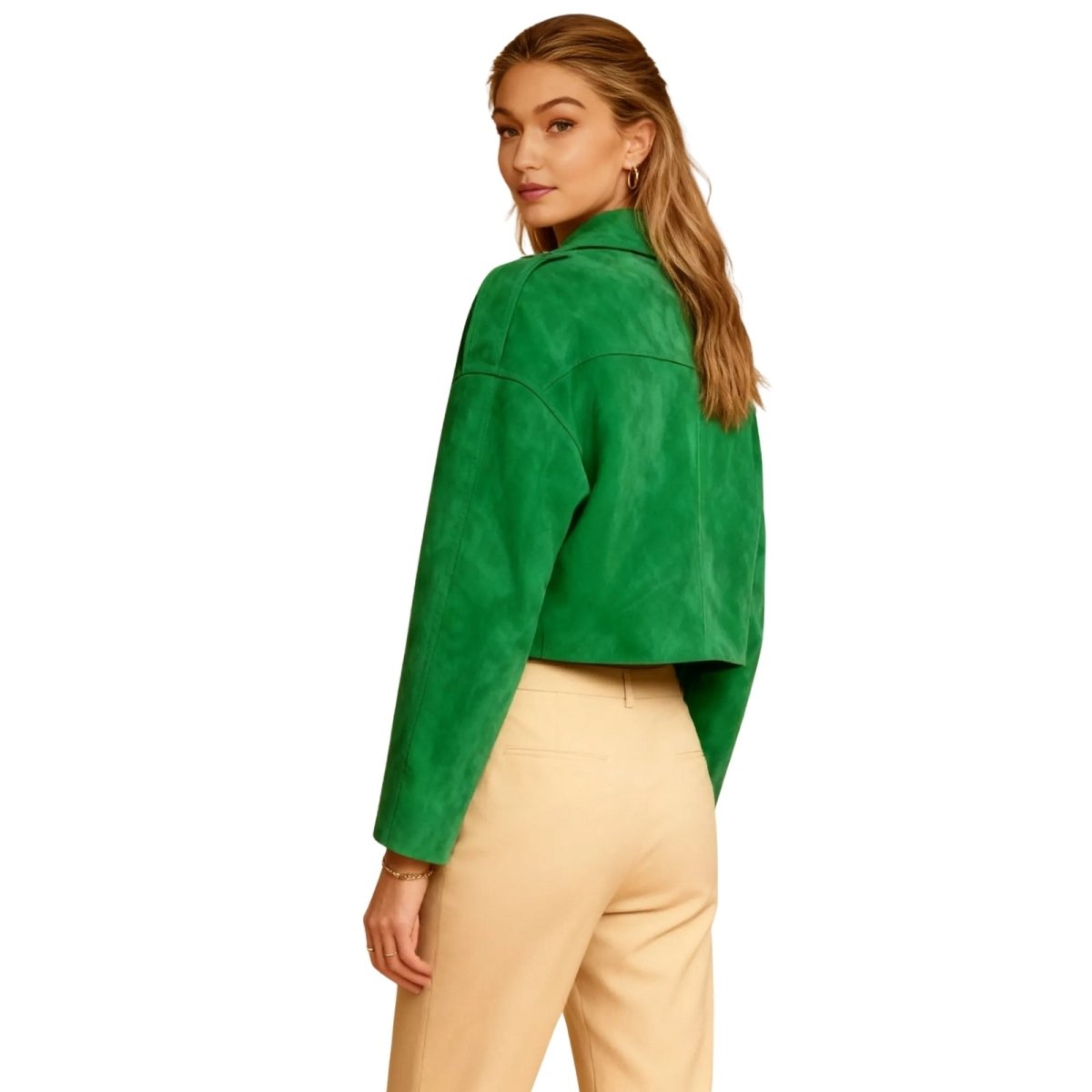 Model wearing the Kouvr Fashion Leilani green suede cropped jacket
