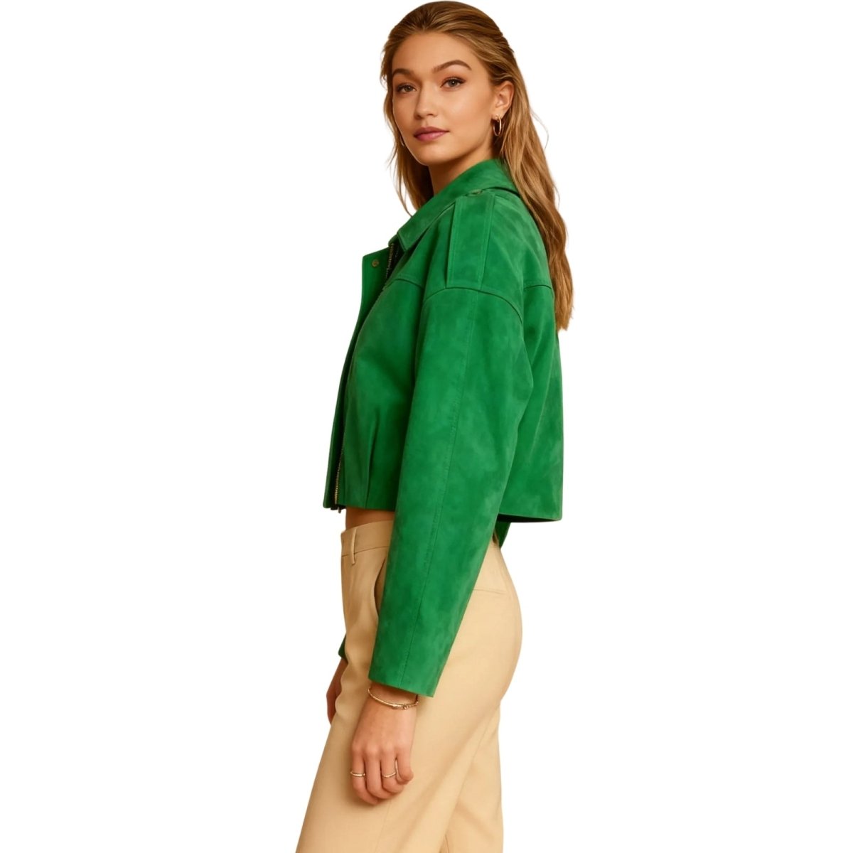 Model wearing the Kouvr Fashion Leilani green suede cropped jacket