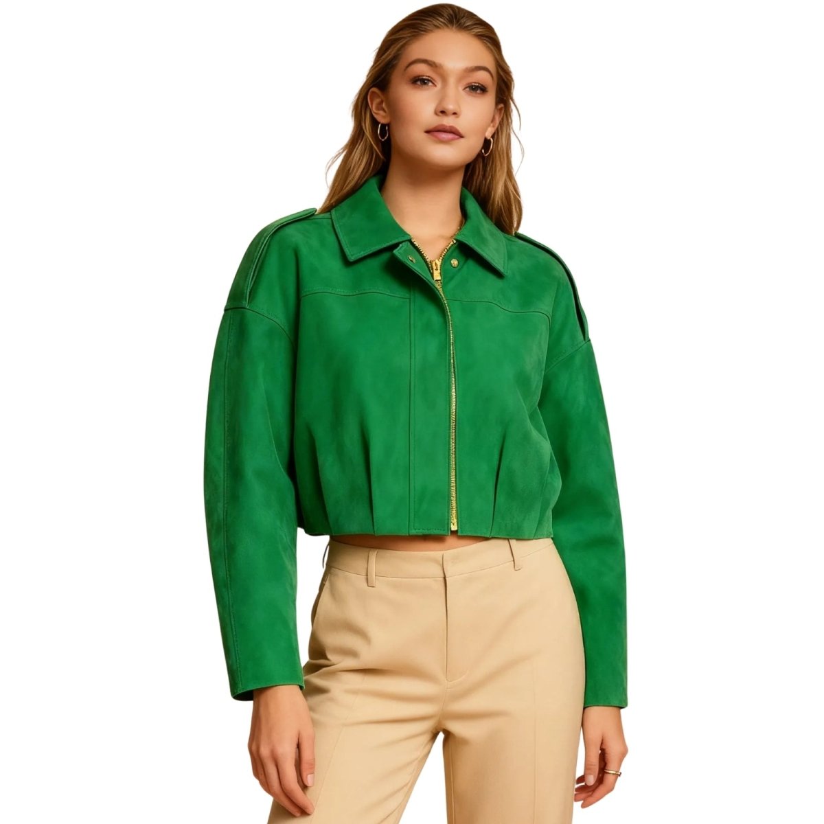 Model wearing the Kouvr Fashion Leilani green suede cropped jacket