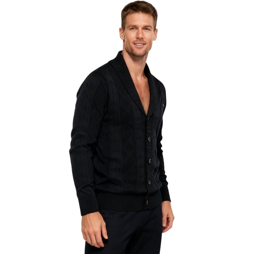 Man wearing a black kouvr cardigan on a white background