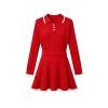 Flat lay of a red cable knit polo shirt and matching skirt set with white trim on the collar and hem, from Kouvr Fashion.