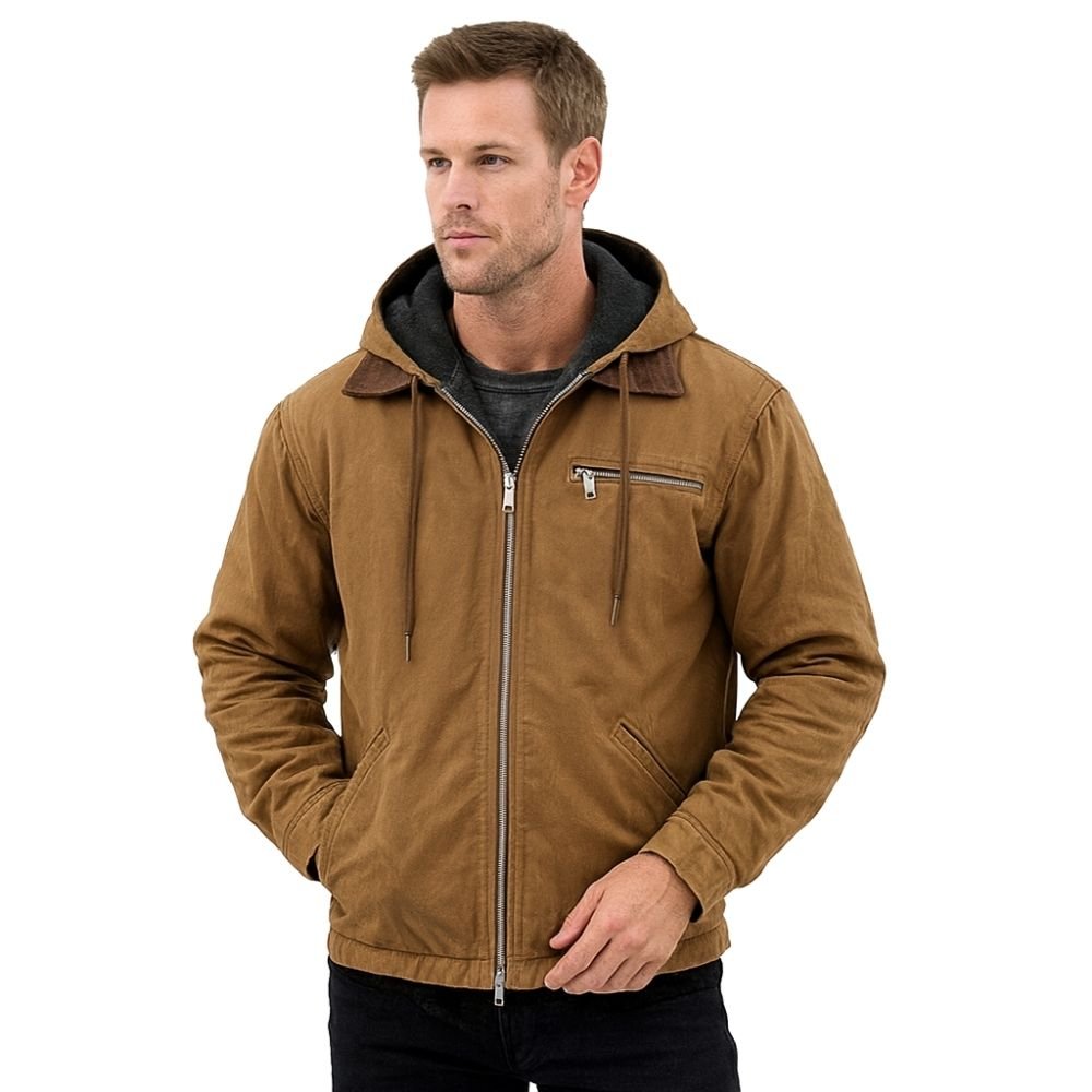 Front view of men's brown hooded canvas utility jacket' and 'Detailed back view of the Kouvr Fashion winter workwear jacket with articulated seams