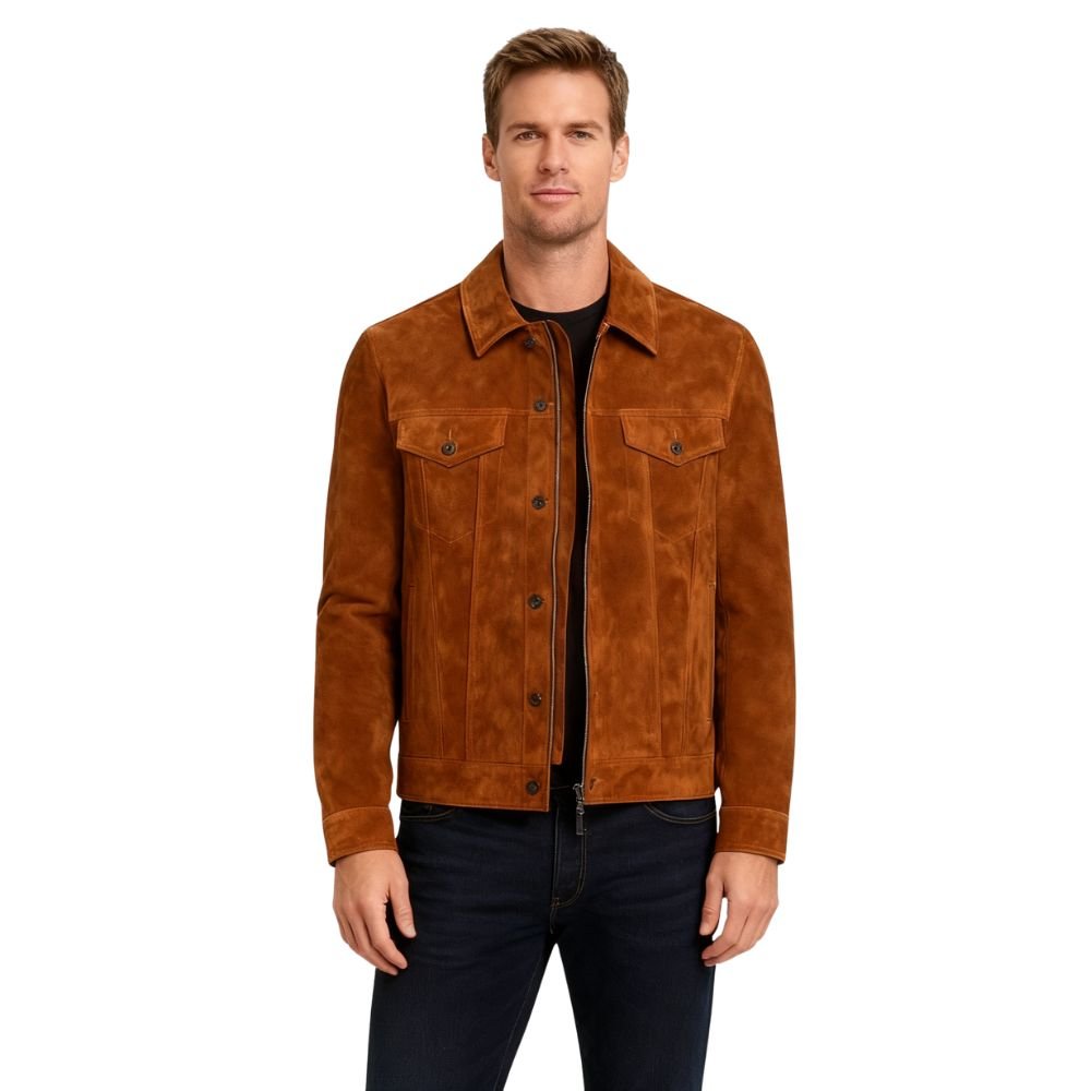 Man wearing a brown kouvr suede jacket on a white background