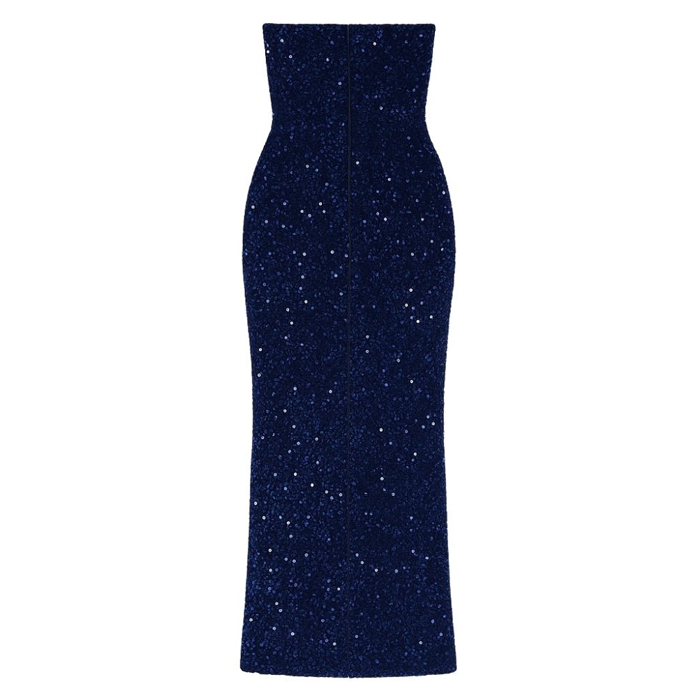 Navy Kouvr strapless dress with glittery texture on a white background