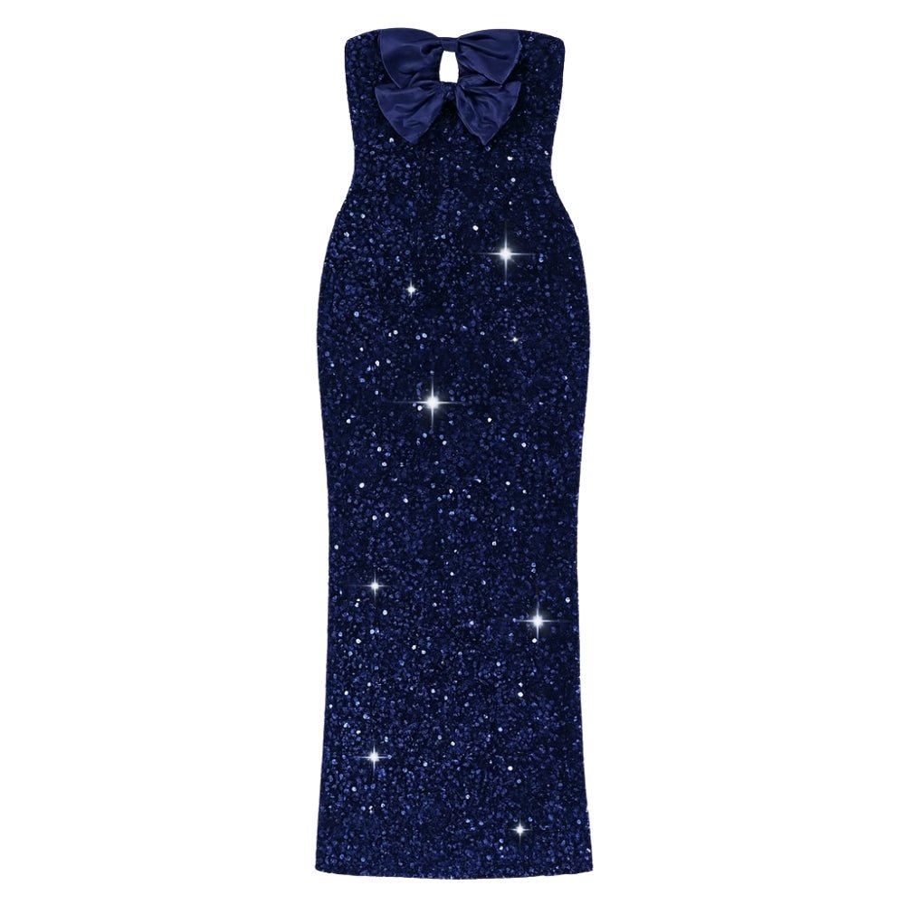 Navy Kouvr glitter dress with a bow on a white background