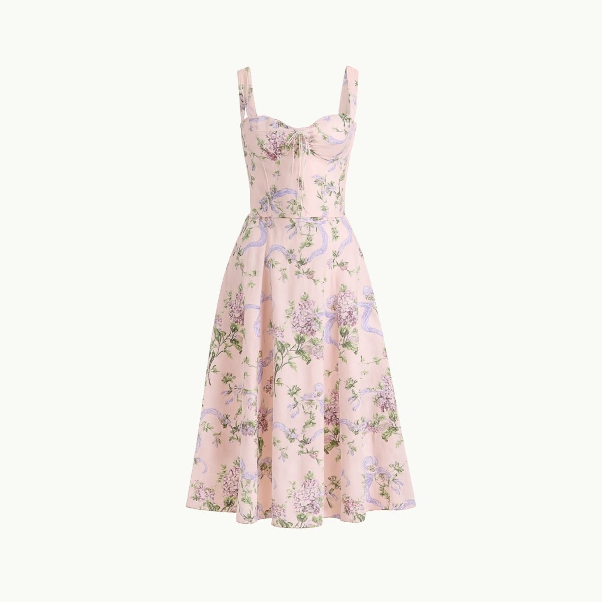 Close-up detail of the sweetheart neckline, tie-front feature, and jacquard fabric of the yellow rose floral midi dress.
