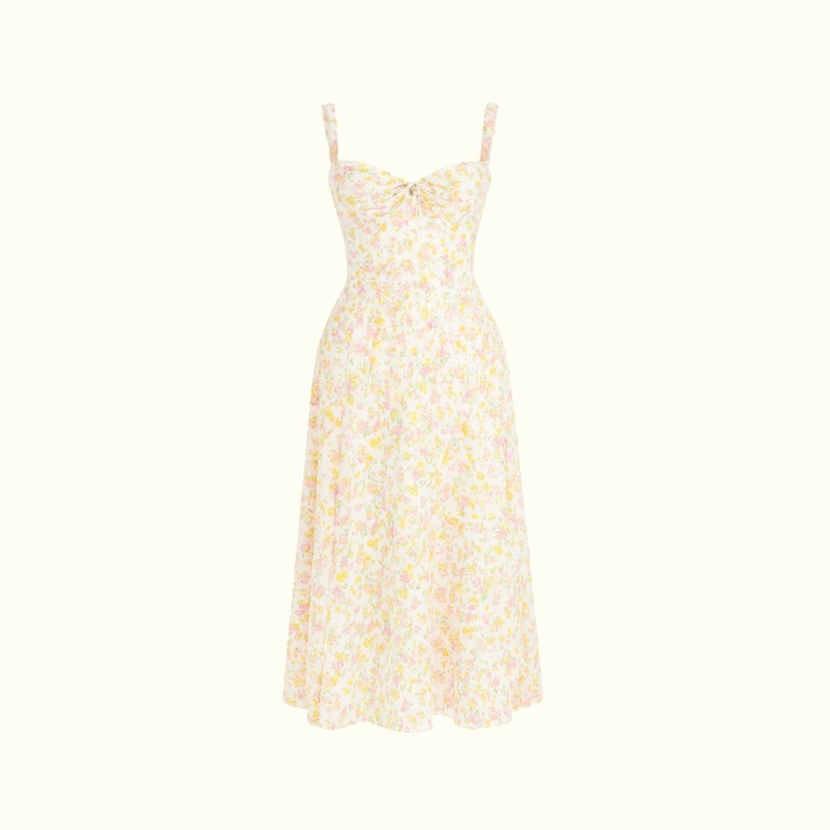 Close-up detail of the sweetheart neckline, tie-front feature, and jacquard fabric of the yellow rose floral midi dress.