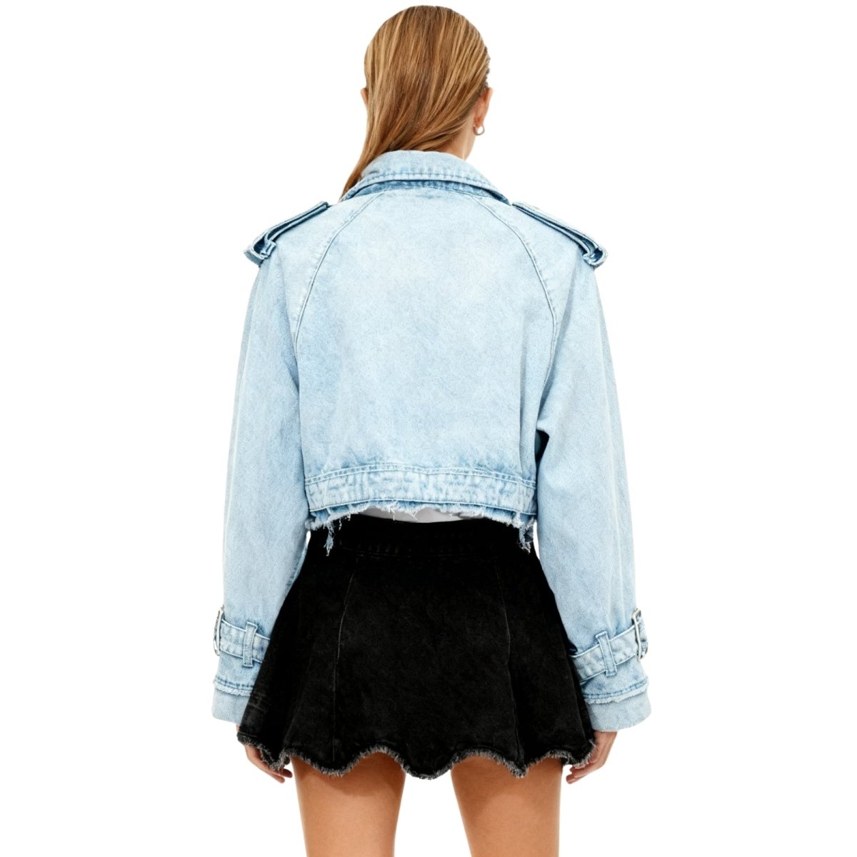 Light Blue kouvr jacket with fur hood on a white background