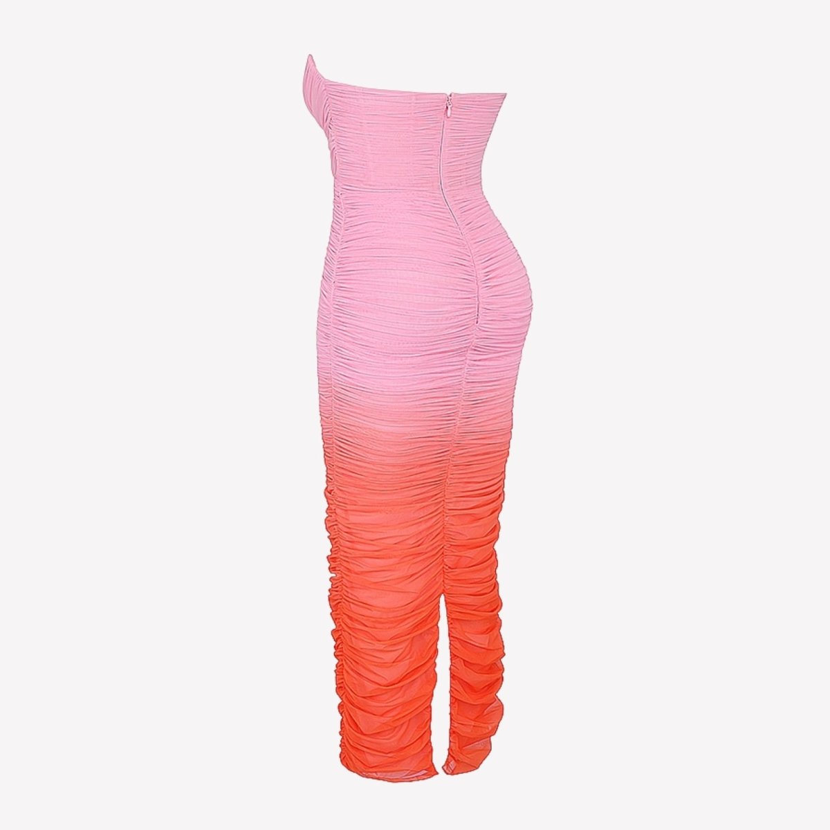 Angled detail shot of the Kouvr Fashion sunset ombre midi dress, showing the ruched mesh texture and side seam construction.