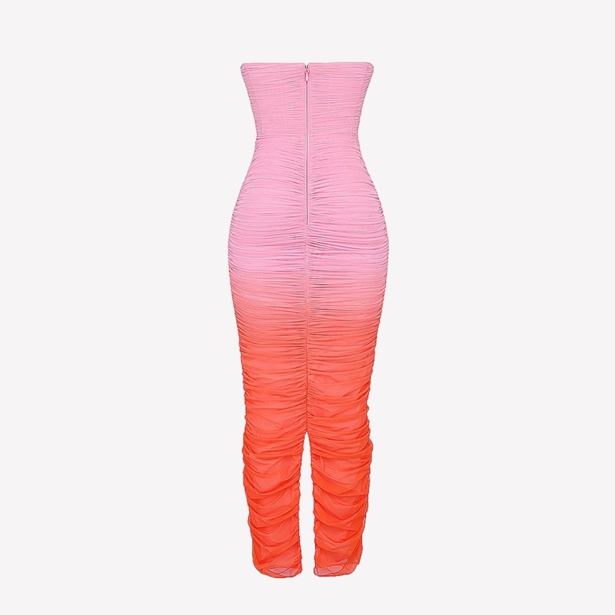 Back detail product shot of the Kouvr Fashion pink and orange strapless dress, showing the full-length zipper.