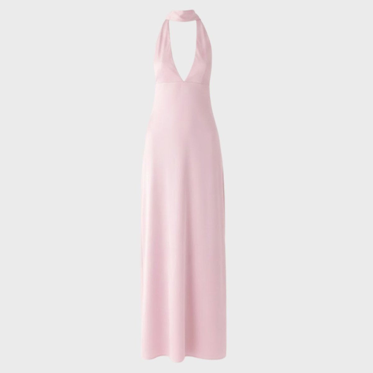 Flat product shot of a pink halter neck formal maxi dress with a v-neck, on a light grey background.