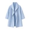 Flat lay product shot of the sky blue wool blend coat, open to show the wide shawl collar and side slit pockets.at, showing its open front and side pockets.