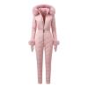 Product flatlay of the Kouvr Fashion pink ski suit and matching gloves, showing the full front design, zip, and belt details.
