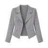 Flat lay image of a professional women's grey blazer with notched lapels and an open front, showing fabric texture.