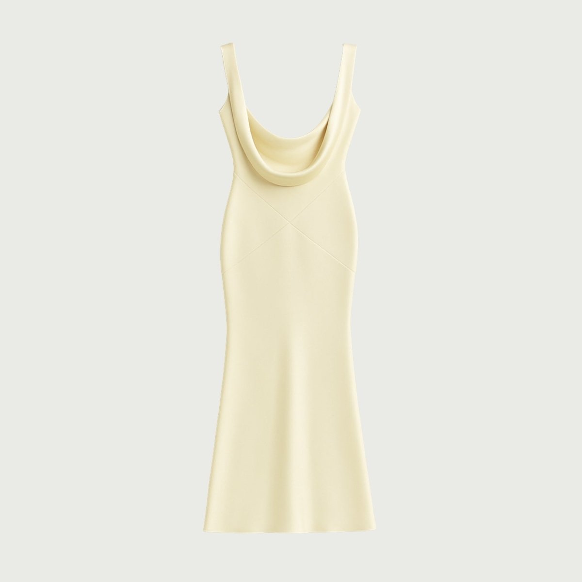 Product flat lay of the back of the Kouvr Fashion Vickie Gown, displaying the deep draped backless feature and construction of the formal maxi dress.