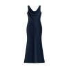 Flat lay product shot of the navy satin Vickie Gown, detailing the cowl neck and intricate seam work.