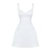 Flatlay studio shot of the white corset mini dress with lace trim, highlighting the structured boning and bust detailing.