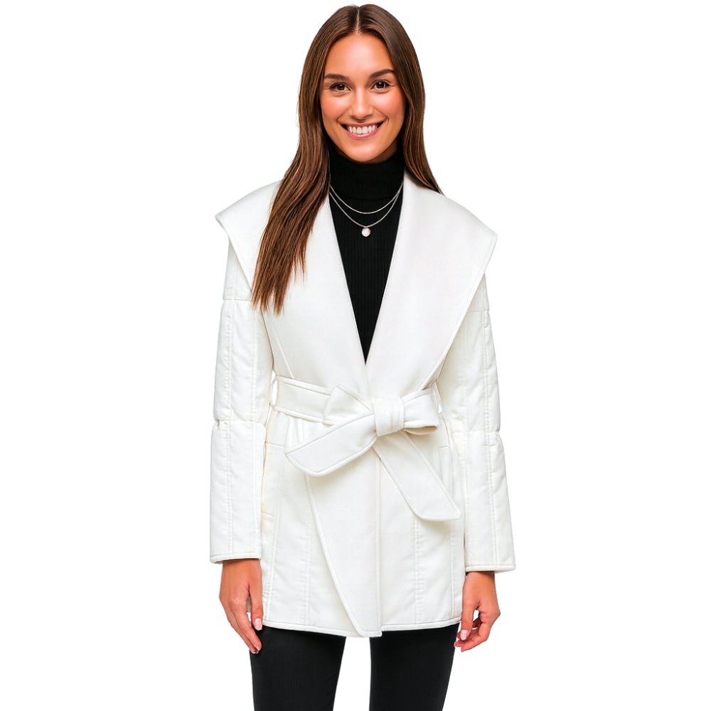 sophisticated outerwear," "statement winter jacket," "minimalist design," "cold weather chic," and "investment piece