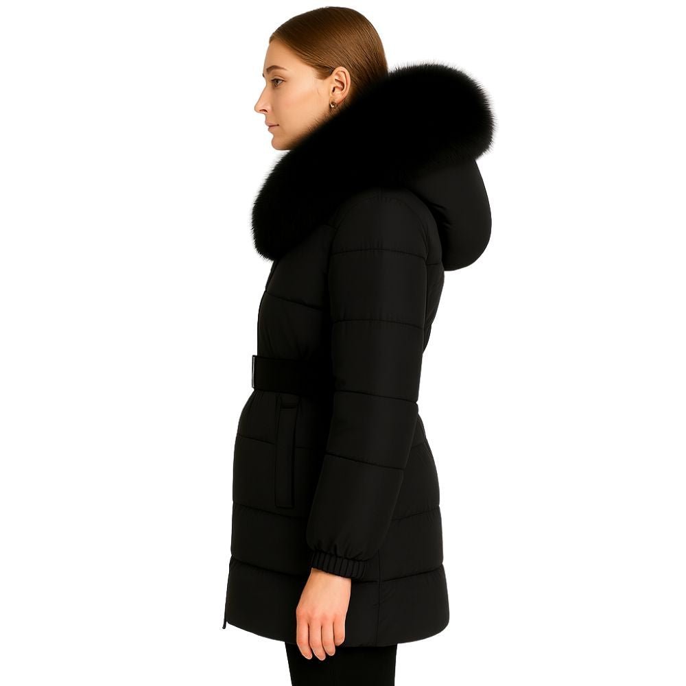 Model wearing Kouvr Fashion belted down puffer coat with oversized white fox fur hood