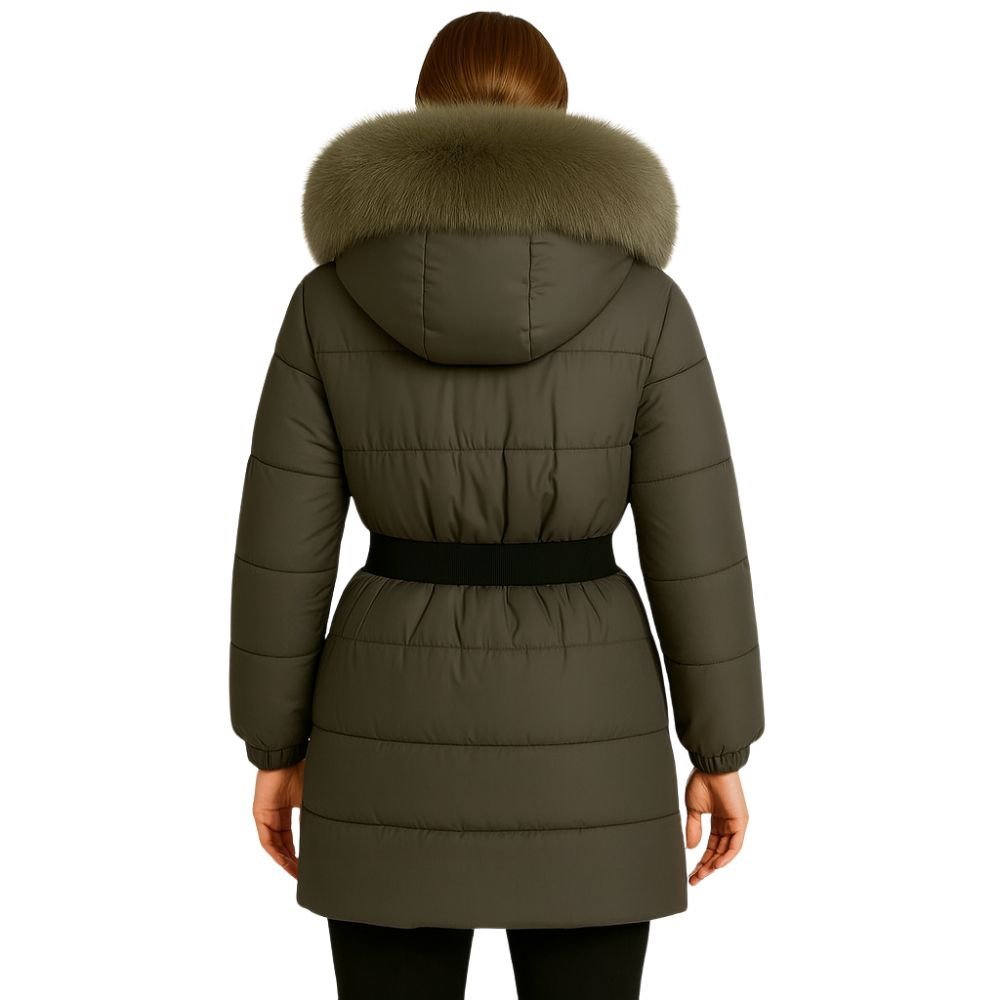 Model wearing Kouvr Fashion belted down puffer coat with oversized white fox fur hood