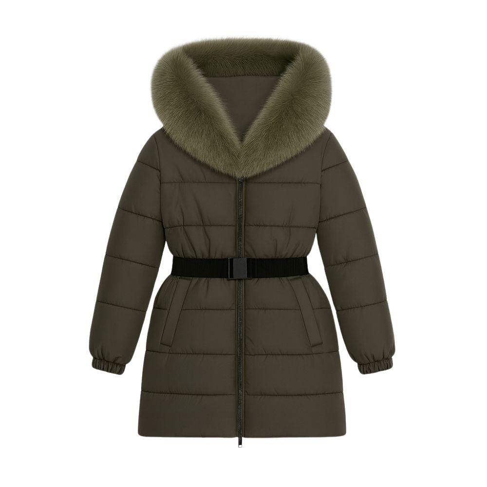 Model wearing Kouvr Fashion belted down puffer coat with oversized white fox fur hood