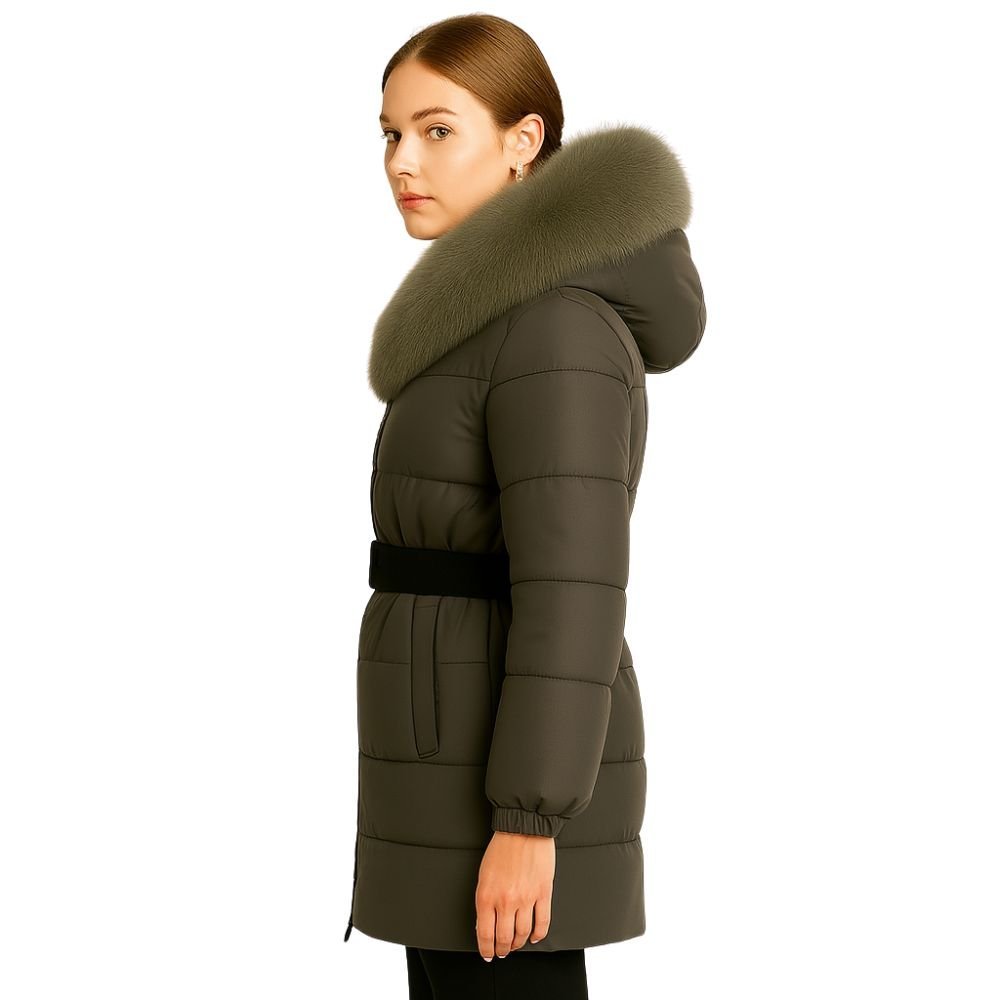 Model wearing Kouvr Fashion belted down puffer coat with oversized white fox fur hood