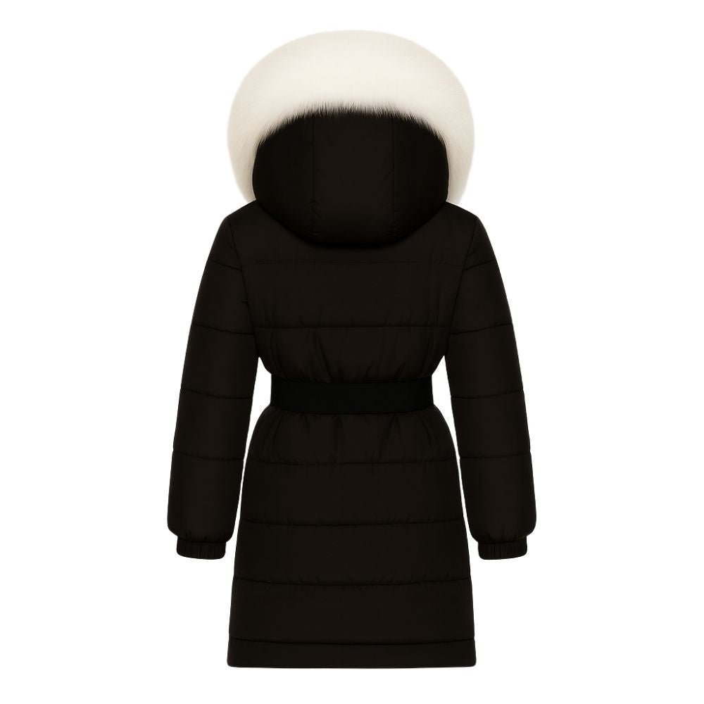 Model wearing Kouvr Fashion belted down puffer coat with oversized white fox fur hood