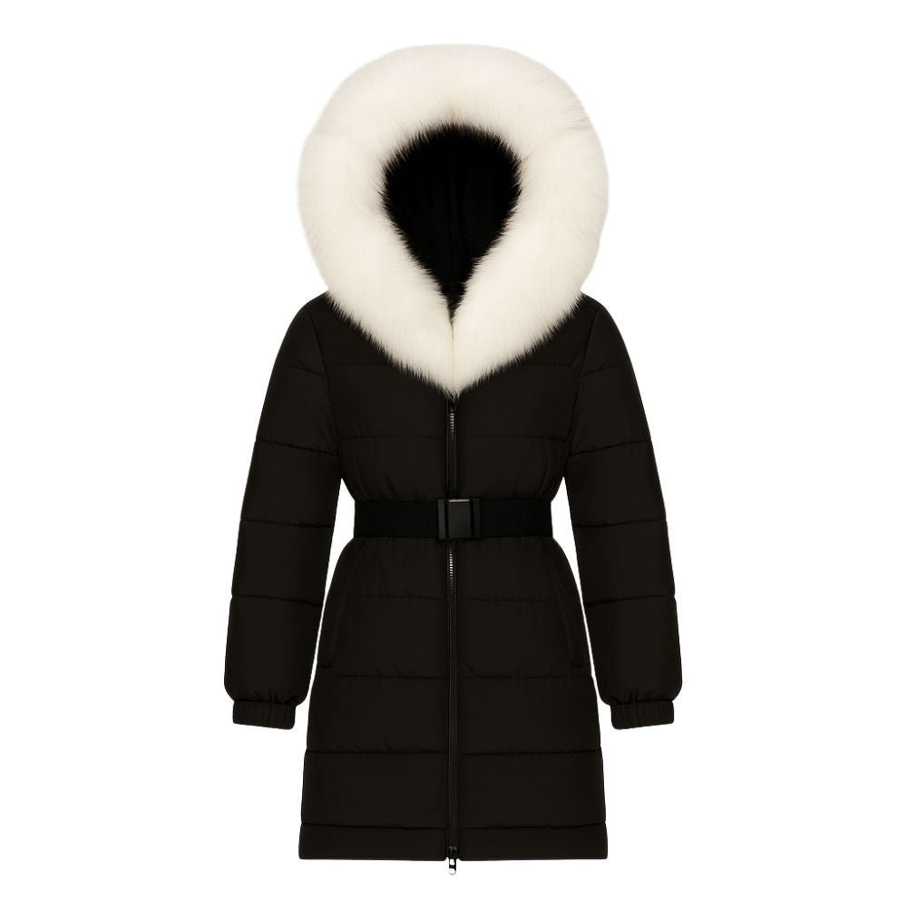 Model wearing Kouvr Fashion belted down puffer coat with oversized white fox fur hood