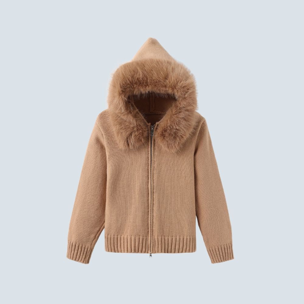 Kouvr Felize Women's Faux Fur Trim Knit Hoodie in Toasted Brown