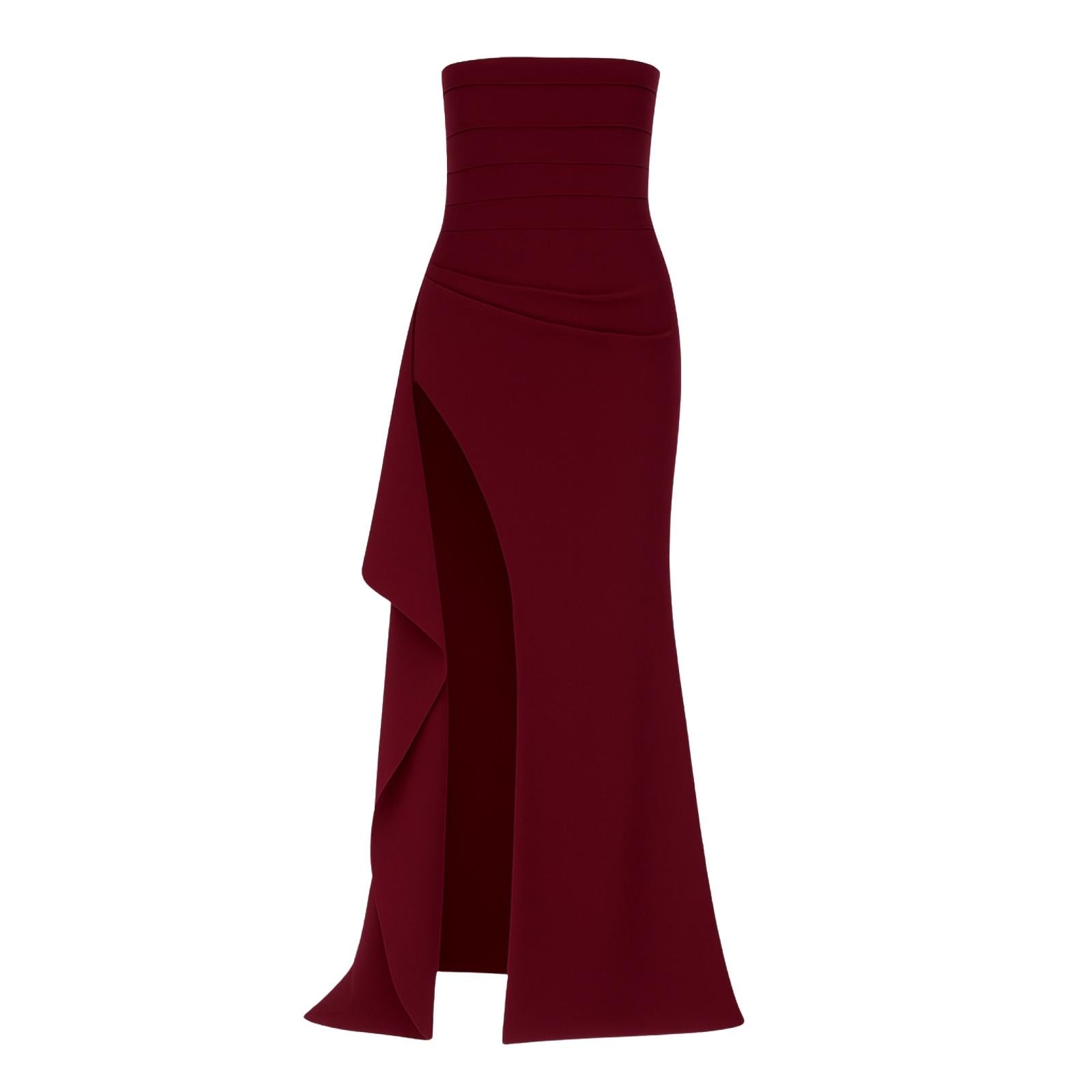 Model wearing the Kouvr Fiora burgundy strapless formal gown with a high thigh slit, front view