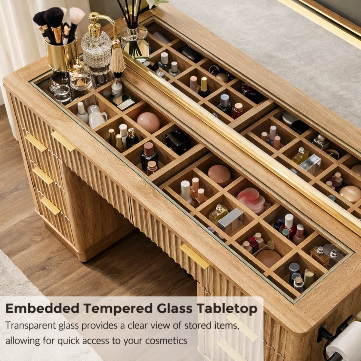 A detailed image of the Kouvr fluted vanity desk with complete measurements for the table and mirror, highlighting its 48-inch width and features.