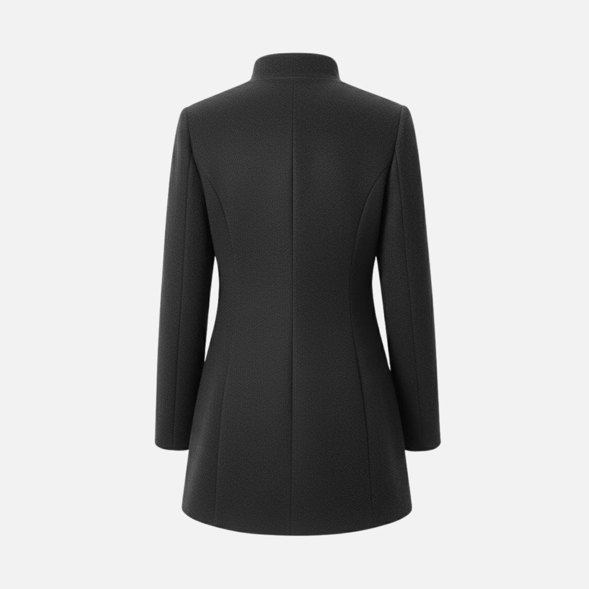 Product-only studio shot of the back of the Kouvr dark grey wool blend coat, displaying the expert tailoring and structural seaming from collar to hem.