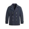 Flat lay of the Kouvr double-breasted cotton peacoat in navy, highlighting the antique brass buttons, wide lapel, and pocket details.