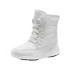 Three-quarter view of the Kouvr Gianna white quilted puffer winter boot, showing the details of the lacing and waterproof materials.