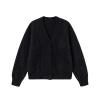Flat lay of the black fuzzy V-neck cardigan for women, showing the button front, V-neckline, and soft, textured mohair and alpaca knit fabric.