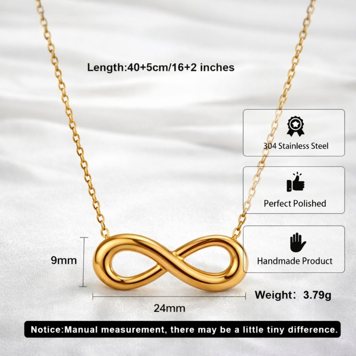 Product details for the Kouvr gold infinity necklace showing its length, pendant size, weight, and stainless steel material.