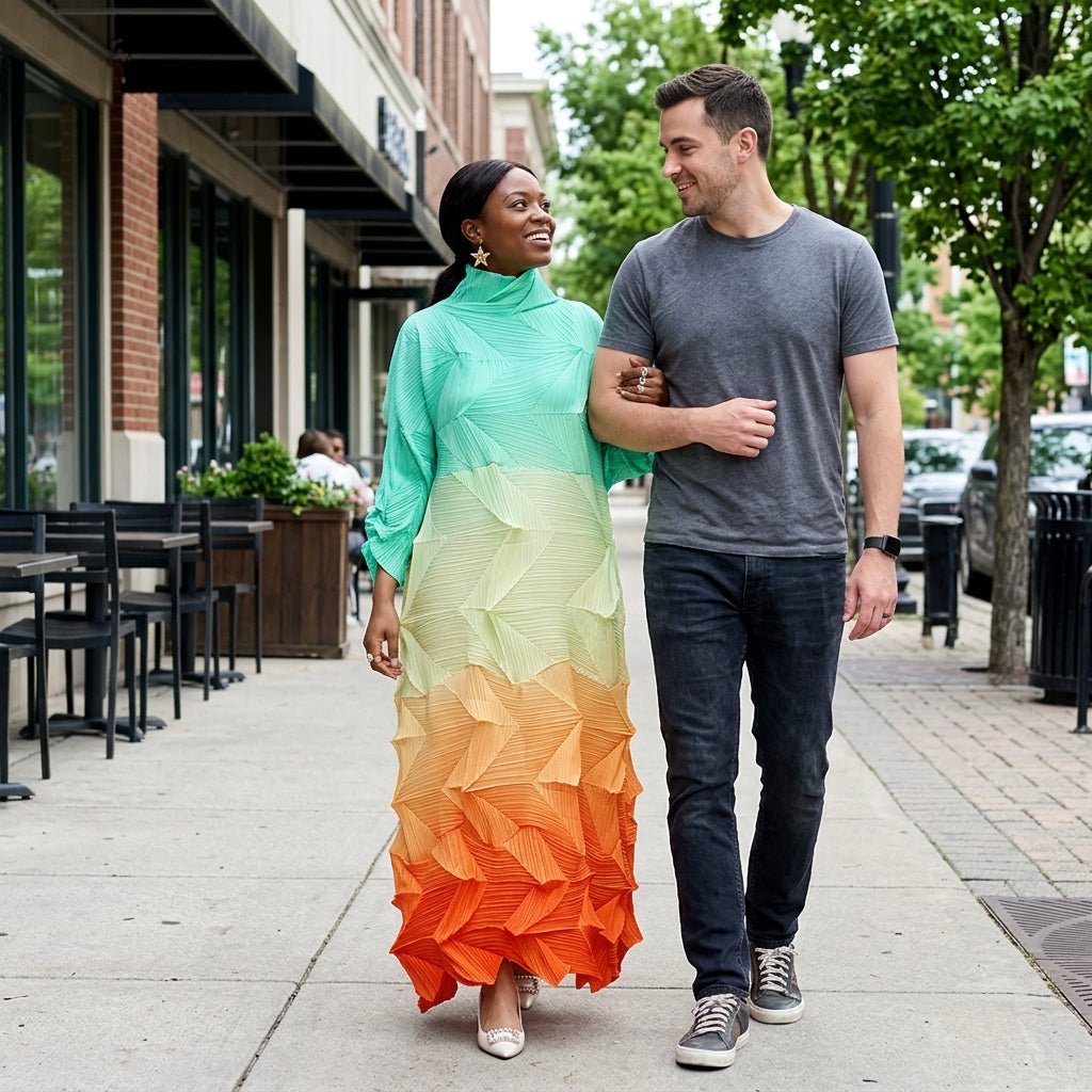 Couple walking down the street, woman wearing the statement Kouvr architectural gradient pleated maxi dress styled for daytime luxury.