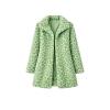 Product shot of the Kouvr green leopard print faux fur coat, open front view showing the notched lapels and soft texture.