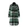 Flat lay of the Kouvr green plaid long shacket showing the front button placket, collar, and chest pockets against a light grey background.