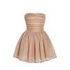 Front product view of the Kouvr Harmoni apricot strapless cocktail dress on a hanger against a white background.